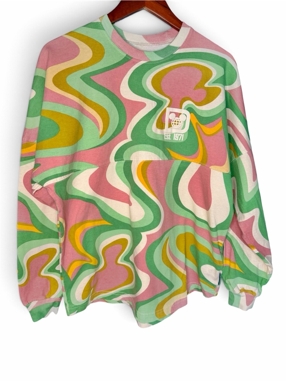 Disney Women’s Retro Swirl Spirit Jersey Sweatshirt | Size Small